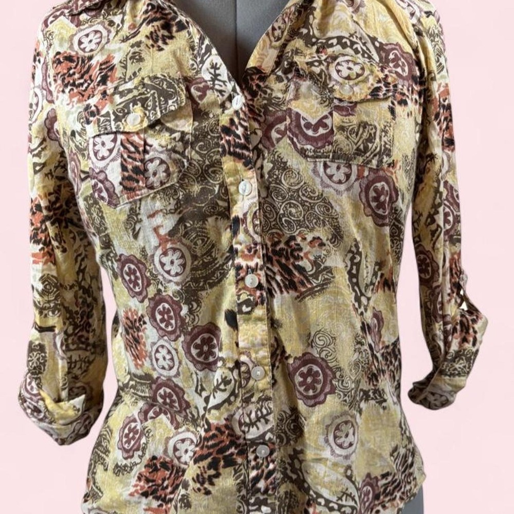Love Potion Women Patchwork Floral Paisley Cotton Roll Tab Button Up Shirt M